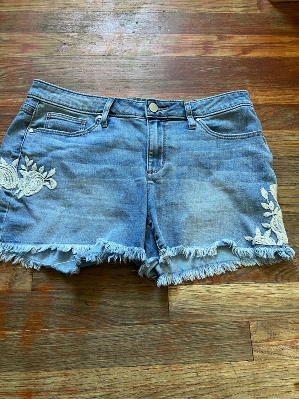 a.n.a Light Blue Denim Shorts with White Floral Embroidery